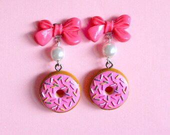Donut Earrings, Kitsch Pink Doughnut and Bow Earrings, Chocolate, Kawaii Jewelry, Pinup, Rockabilly