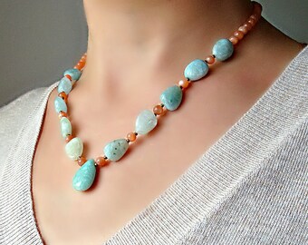 Aquamarine and peach Moonstone necklace. Natural blue green aquamarine necklace. Peach Moonstone jewelry.