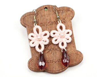 Light pink tatted earrings, Flower tatting earrings, Tatted lace earrings, Glass teardrop, Pastel tatted jewelry, Romantic gift for her