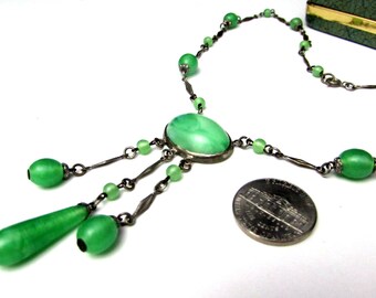 vintage czech green peking glass drop + brass silvertone necklace negligee | pendant dangles drops | 30s art deco 1930s bohemian jewelry