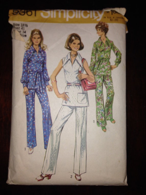 Misses Over Blouse and Pants Simplicity Sewing Pattern 9361 70s Size 18 1/2