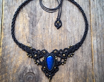 Black Macrame Boho goth chic blue Labradorite necklace and tiara gothic bohemian jewelry by Creations Mariposa