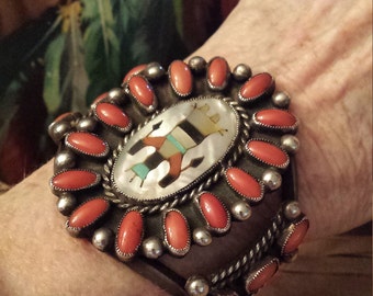 Sterling silver native American Zuni inlaid and coral cuff