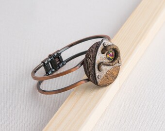 Steampunk bracelet with glass rainbow bead, hand sculpted bracelet, metal effect steampunk bracelet, statement steampunk jewelry