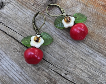 Apple Earrings, apple jewelry, czech red apple earrings, red earrings fruit jewelry Teacher's Gift