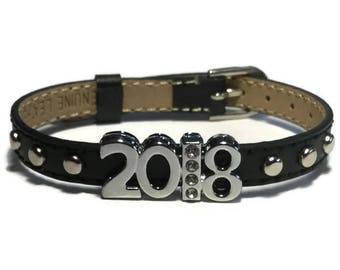 2018 Bracelet, Graduation Bracelet, Studded Buckle Leather Bracelet Wristband With Silver Studs - 8mm Black Leather Wristband Strap