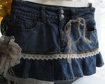 Denim jean skirt, jean skirt, mini skirt, upcycled jean skirt, lacey jean skirt, denim jean skirt, french chic