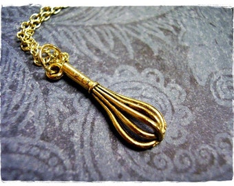 Gold Whisk Necklace - Antique Gold Pewter Whisk Charm on a Delicate Gold Plated Cable Chain or Charm Only