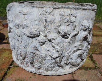 Antique LEAD Planters, Pair Round Architectural Embossed GREEK ROMAN Design, 2 Aged Outdoor Estate Garden Accent Containers, Old Planters