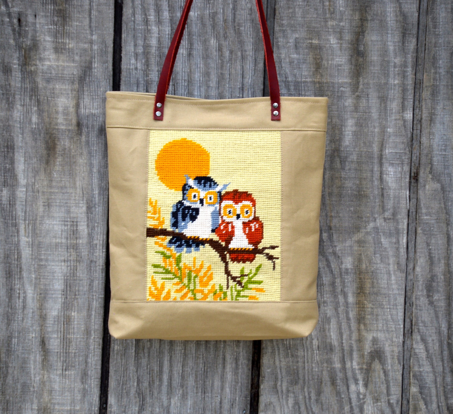 Owl Needlepoint Canvas Tote Bag Beige Leather Vintage