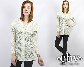 Vintage 90s Sheer Lace Blouse Cream Lace Blouse Sheer Blouse Lace Shirt Lace Button Up Longsleeve Blouse XS S