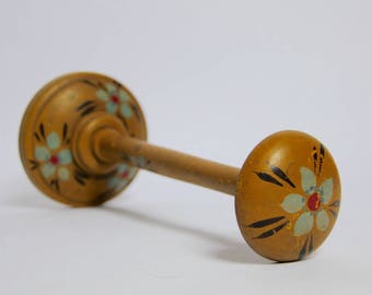 French Antique Hat Display Stand Milliner Wooden Hat Holder, Ochre, Hand Painted Flowers, Jeanne D' Arc Living