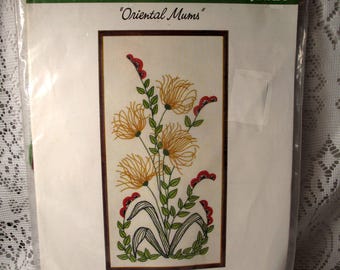 Vintage Oriental Mums Needlecraft Stitchery Kit Picture New Package 1970's Wonderart Crewel Retro Shabby Romantic Chic French Farmhouse