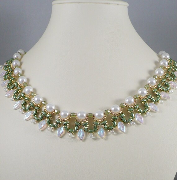 Items similar to Woven Twin Bead Necklace Pearls with Leaves in Green ...
