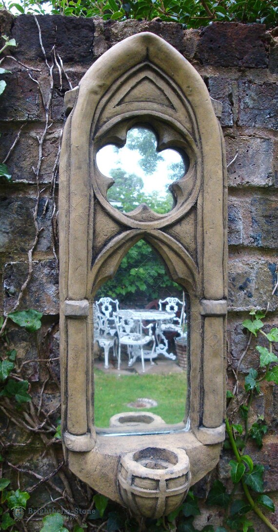 Gothic Arch Mirror stone garden ornament single candle sconce Gothic Arch Mirror stone garden ornament single candle sconce