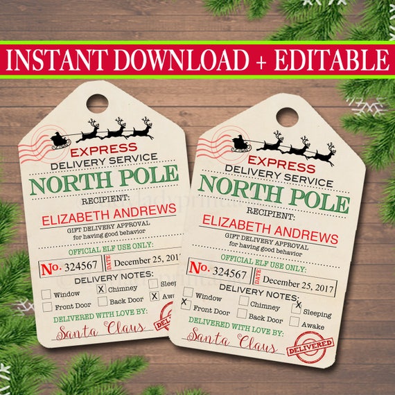 EDITABLE North Pole Delivery Tags Santa Gift Tags