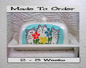 Cats & Flowers Butter Dish Handmade Ceramic Original by Grace M Smith