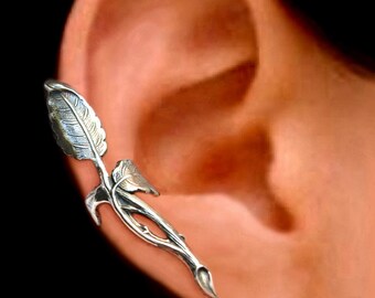 Rose thorn Leaf ear cuff Sterling Silver earrings Sterling silver ear cuff for men & women ear clip right Jewelry handmade C-066
