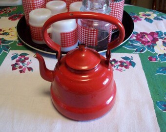 Vintage Red Handled Enamelware Tea Kettle Tea Pot Small Yugoslavia Retro Kitchen Camper