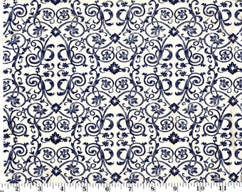 1 Yards, Navy Damask Scroll on Cream