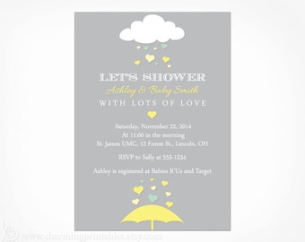 Yellow and Gray Baby Shower Invitation - PRINTABLE PDF File - Umbrella Rain April Showers Gender Neutral Baby Shower Invite