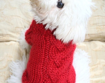 Red Dog Sweater, Puppy Sweater, Pet Clothing, Hand Knit Dog Clothes, Cable Dog Sweater, Pets by BubaDog