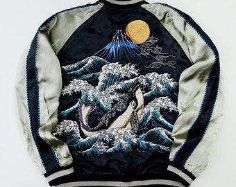 UTAGAWA KUNIYOSHI baleine japonais Kujira Hokusai Katsushika Nami vague Fujisan broderie brodé Satin Souvenir Sukajan veste Art SK1951