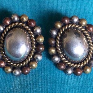 Vintage TAXCO Mexican Post Mixed Metal Concho 925 Sterling Silver, Copper and Brass Laton marked Earrings