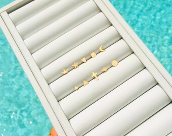 14KT GOLD Stud Earrings, Geometric Studs, Triangle, Circle, Cross, Star, Moon, Crown, Square, Diamond and Heart-- Buy SINGLE Stud or PAIR