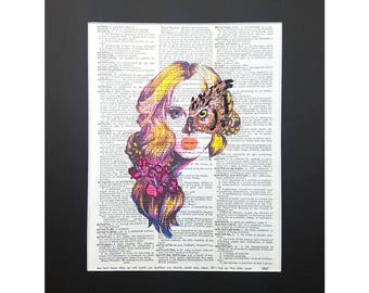 Charming Girl & Wild Owl Face on Vintage Dictionary Page Art Print, Wall Decor, Digital Manipulation with Sparks of Glitter,