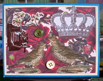 Vintage Roses & Birds Collage Greeting Card
