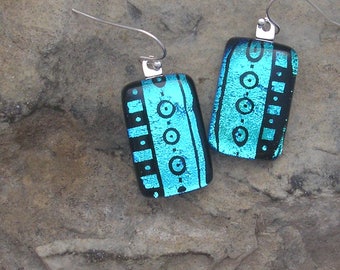 Icy Blue Earrings Etched Fused Dichroic Glass Blue Earrings
