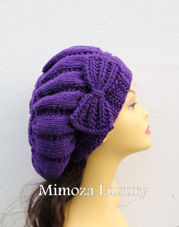Womens hats, Purple Woman Hand Knitted Hat with Bow, Beret hat with bow, Purple knit hat, purple slouchy knit women's hat with bow, purple