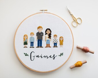 4-6 Figure Custom Family Portrait - Cross Stitch Finished- Hand Embroidery Hoop Wall Art - Fixer Upper Wall Decor- Housewarming-Wall Hanging