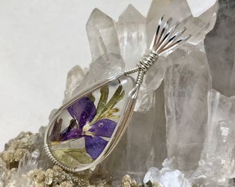 Blue Lobelia Pressed Flower in Resin Set in .925 Sterling Silver- Botanical One of a Kind Necklace