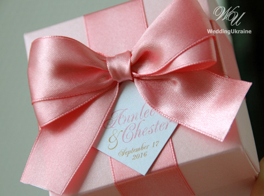 Light pink wedding favor gift box with Blush satin ribbon bow