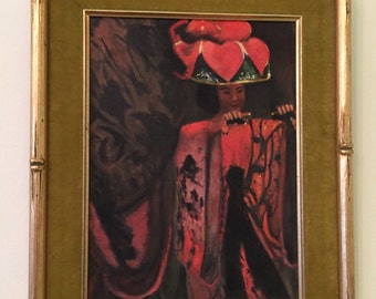 ASIAN OIL on CANVAS with Faux Bamboo Frame Trimmed in Green Velvet Unsigned, 15" x 12" Chinoiserie, Asian Decor, at Ageless Alchemy