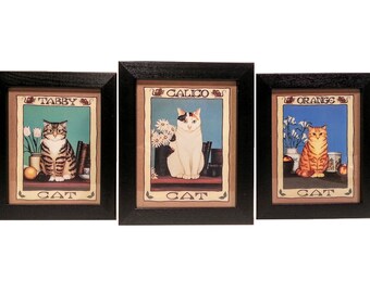 Set of 3 - VINTAGE Cat Art Prints, Calico Cat, Orange Cat & Tabby Cat, Kittens, Cats, Framed Cat Art Prints, Black Wood, Folk Art, Accent