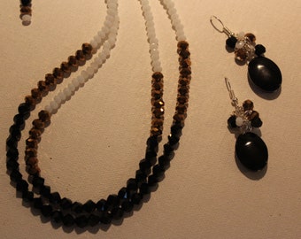 Multi Color Crystal Multi Strand Necklace With Matching Black Earrings/Aurora Borealis Necklace Set/Gold Black And White Crystal Necklace