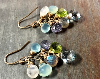 Gemstone Earrings, Cluster Earrings, Blue Earrings, Multi Stone Earrings, Moonstone Earrings, Chalcedony Earrings, Gold Earrings, Gift, Boho
