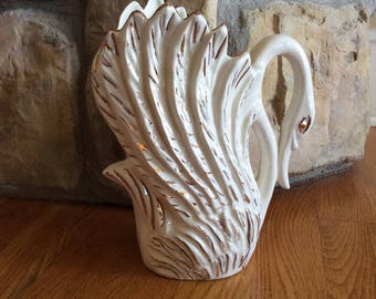 Vintage Ceramic White/Gold Swan Vase, Planter, Pitcher, Cottage, Coastal, Hollywood Regency, Shabby Chic Decor