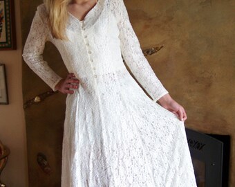 Lace Dress, 80s Ivory Lace dress, Long sleeve Lace dress, size S
