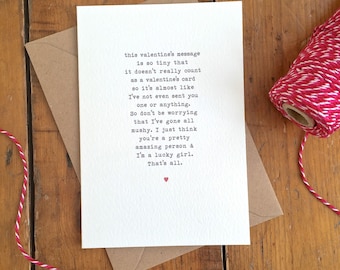 Awkward Non-mushy Valentine's Day card Vintage Typewriter Love Flirty Shy Valentine Card FREE UK P&P