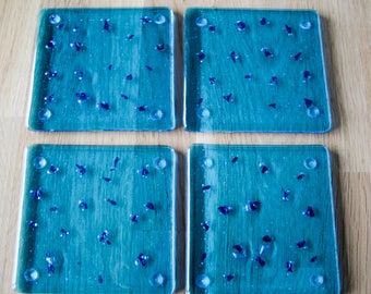 Fused Glass Coasters - set of 4 - aqua blue/turquoise with copper flecks