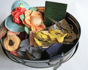 Vintage Sewing Tin Basket with Handle