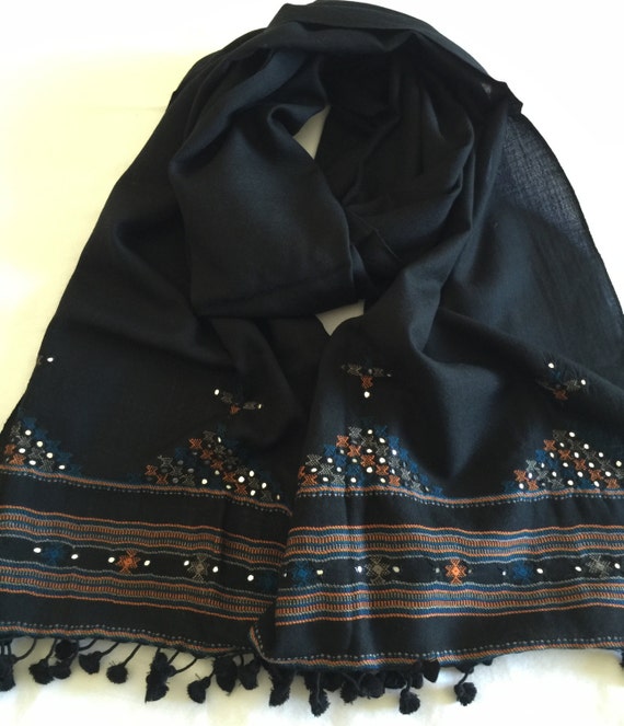 Embroidered Sheep Wool stole shawl wrap scarf woven in black with mirror work embroidery. An exclusive work in Gujarat Bhuj style