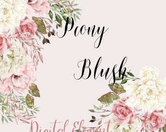Peony Clip-art, Watercolor Peony Arrangements, Peony and Roses in Blush Color. No. WC70