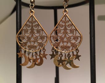 Antique Brass Moon and Stars Earrings