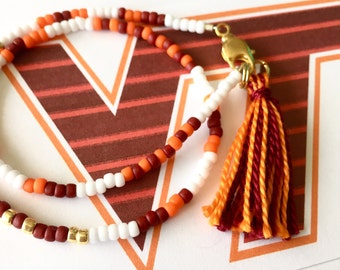 Virginia Tech Game Day Bracelet, Beaded Wrap Bracelet, Tassel Bracelet, Morse Code, VT Hokies, Maroon and Orange, College Football
