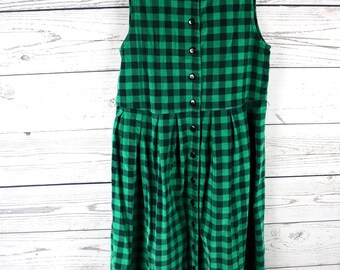 Vintage Fads 90s Grunge Green & Black Plaid Pleated Jumper Dress- Size 6 Petite- 100% Cotton